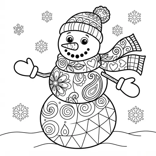 Snowman Coloring Page for Adults — Covered in Decorative Zentangle Patterns