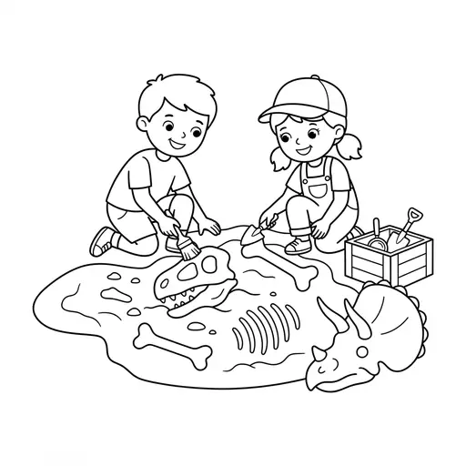 Dinosaur Coloring Page — Digging for Fossils in Sand