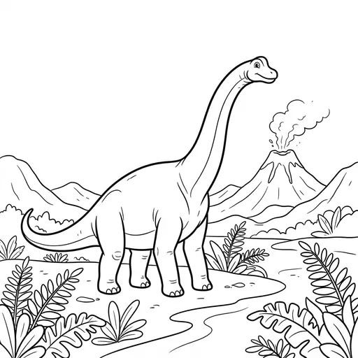 Dinosaur Coloring Page for Adults — Standing in a Valley with a Volcano