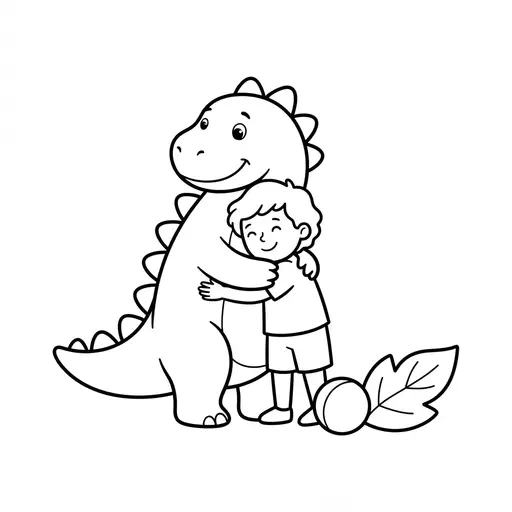 Dinosaur Coloring Page — Friendly Dinosaur Hugging a Child