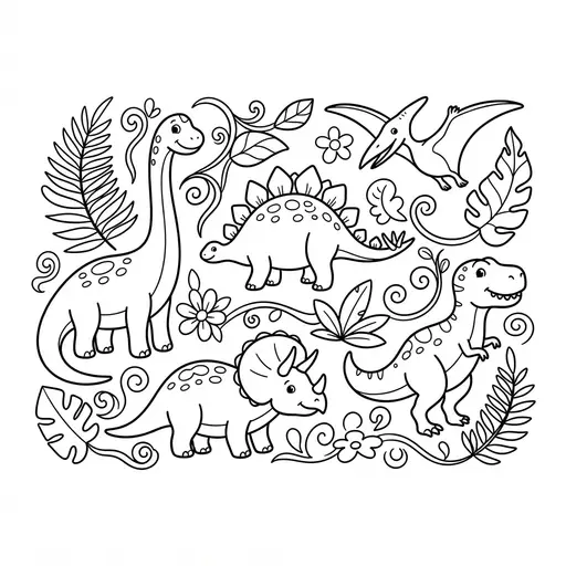 Dinosaur Coloring Page for Adults — Pattern With Leaves and Swirls