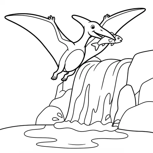 Pterodactyl Coloring Page — Flying Over a Waterfall