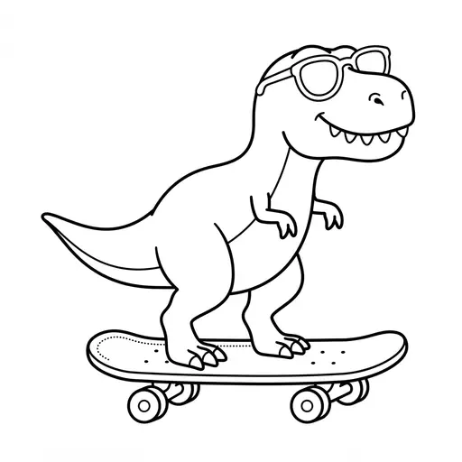 T Rex Coloring Page — Wearing Sunglasses on a Skateboard