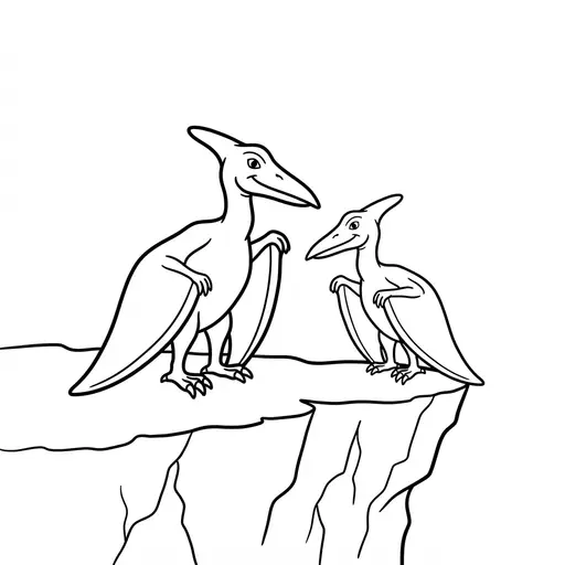 Pterodactyl Coloring Page — Two Pterodactyls Perched on a Cliff