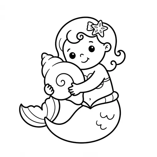 Easy Mermaid Coloring Page — Hugging a Large Seashell