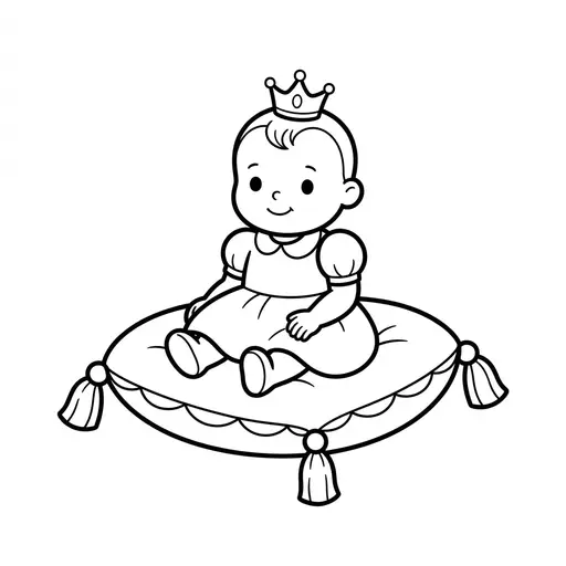 Easy Princess Coloring Page — Baby Wearing a Crown Sitting on a Cushion