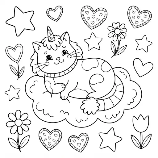 Caticorn Coloring Page for Adults — Lounging on a Cloud with Stars and Hearts