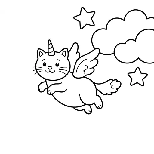 Caticorn Coloring Page — Flying Past Clouds and Stars