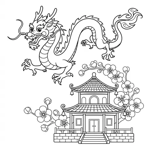 Chinese Dragon Coloring Page — Flying Over a Pagoda