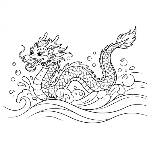 Chinese Dragon Coloring Page — Swimming Through Ocean Waves