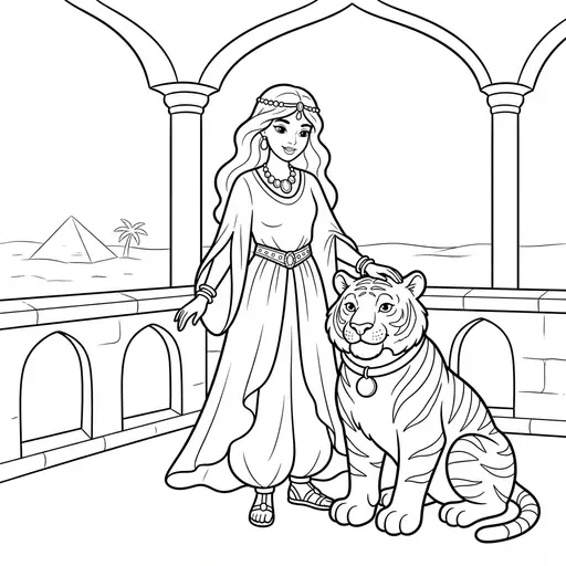 Princess Coloring Page — Standing With a Pet Tiger