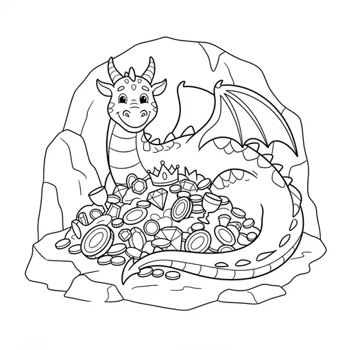 Dragon Coloring Page — Guarding a Pile of Treasure