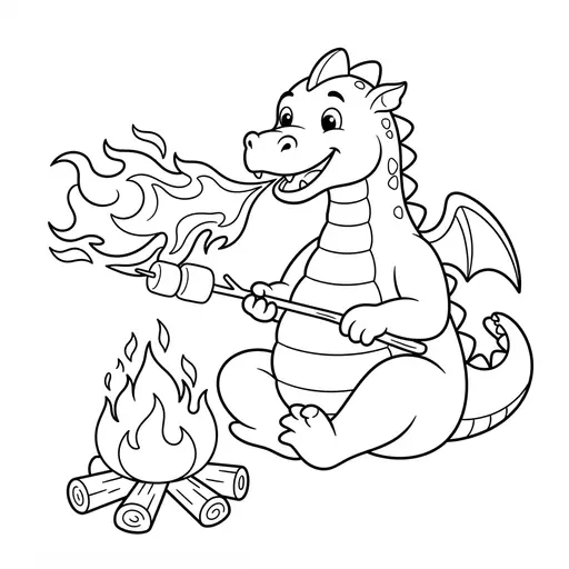 Dragon Coloring Page — Roasting Marshmallows at a Campfire