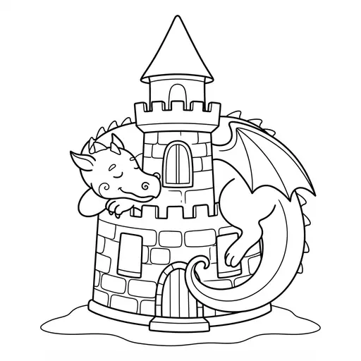 Dragon Coloring Page — Sleeping Around a Castle Tower