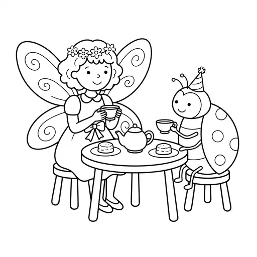 Fairy Coloring Page — Having Tea With A Ladybug