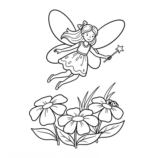Fairy Coloring Page — Flying Over Flowers with Wand