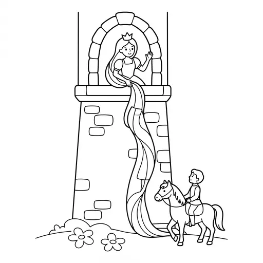 Fairy Tale Coloring Page — Letting Down Hair From Tower