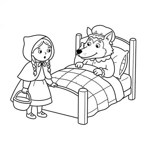 Fairy Tale Coloring Page — Talking to the Wolf in Bed