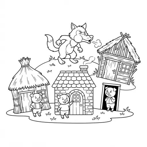 Fairy Tale Coloring Page — Wolf Blowing Down Houses
