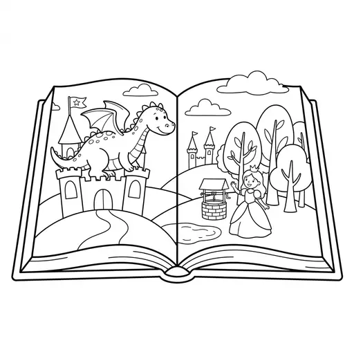 Fairytale Coloring Page for Adults — Open Storybook with Dragon and Princess