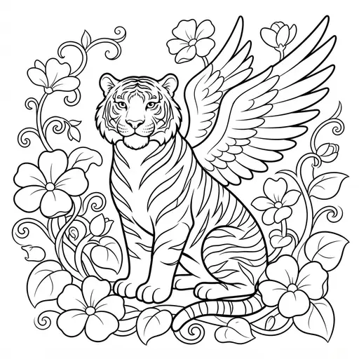 Fantasy Animal Coloring Page for Adults — Sitting With Feathered Wings