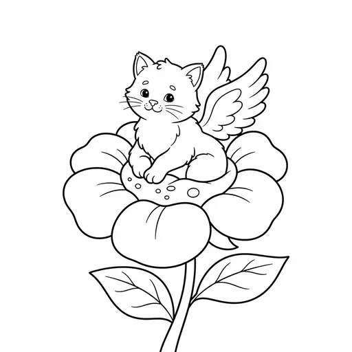Fantasy Animal Coloring Page — Winged Kitten Sitting in a Flower