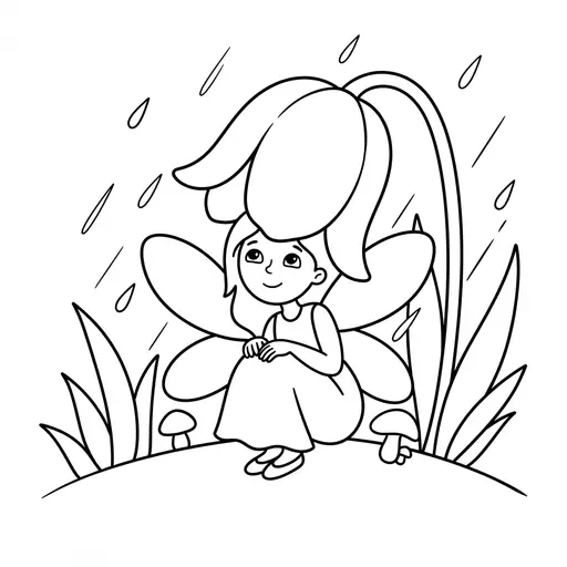 Fairy Coloring Page — Sheltering Under a Tulip in the Rain