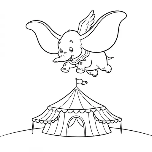 Elephant Coloring Page — Flying Over a Circus Tent