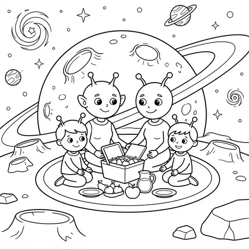 Alien Coloring Page for Adults — Picnic Family on a Planet