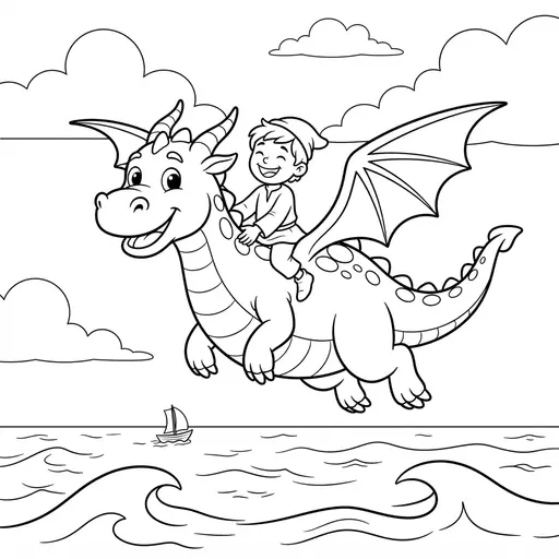 Dragon Coloring Page — Flying Over the Ocean with a Rider