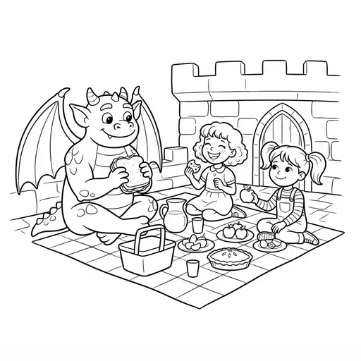Gargoyle Coloring Page — Having a Picnic With Friends on a Castle Roof