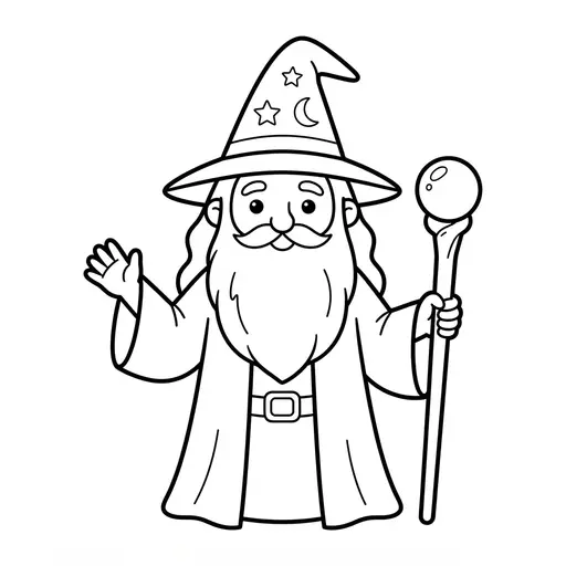Easy Wizard Coloring Page — Friendly Old Wizard With a Long Beard