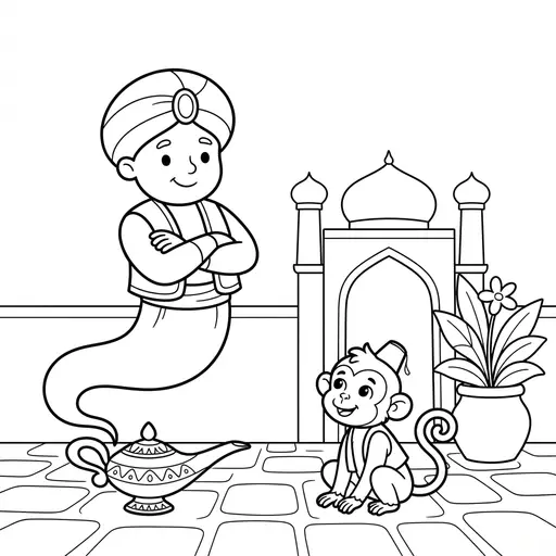Genie Coloring Page — With a Monkey and Magic Lamp