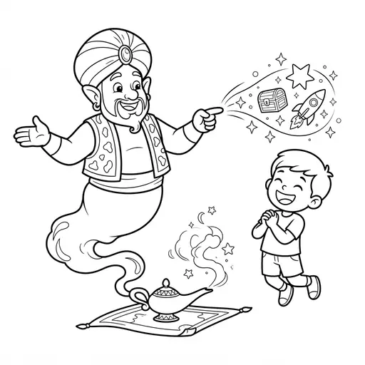 Genie Coloring Page — Granting a Wish to a Boy