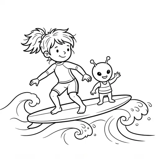 Alien Coloring Page — Surfing with a Friend on Waves