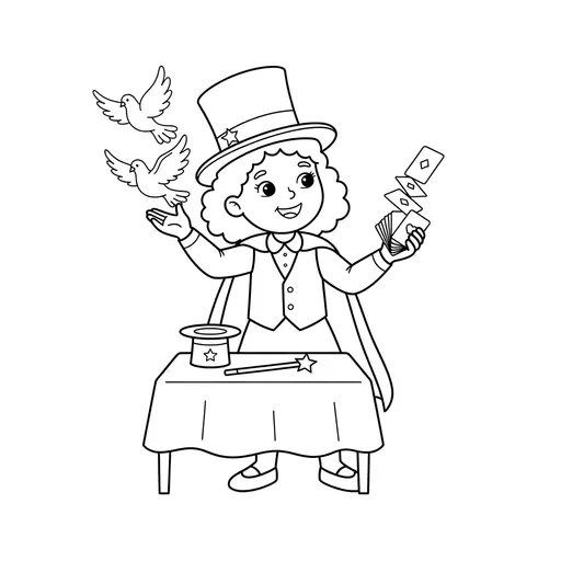Magic Coloring Page — Performing Magic with Doves and Cards