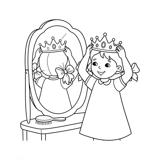 Crown Coloring Page — Trying On a Crown in a Mirror