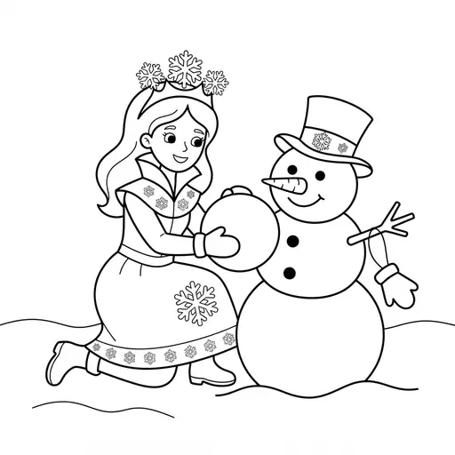 Princess Coloring Page — Building a Snowman With an Ice Princess