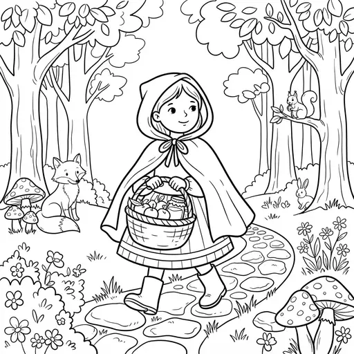 Little Red Riding Hood Coloring Page for Adults — Walking on a Forest Path