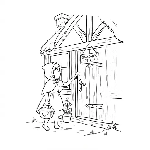 Little Red Riding Hood Coloring Page — Knocking on Grandma's Cottage Door