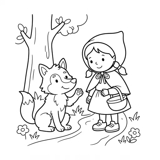 Little Red Riding Hood Coloring Page — Meeting a Friendly Wolf by a Tree