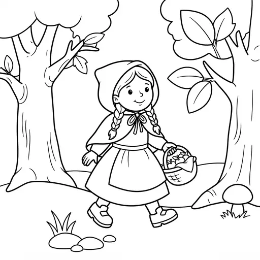 Little Red Riding Hood Coloring Page — Walking Through Forest with Basket