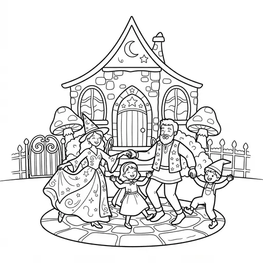 Magic Coloring Page — Magic Family Dancing in Front