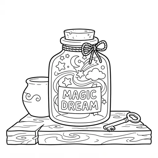 Magic Coloring Page — Swirling Dream and Key on Shelf
