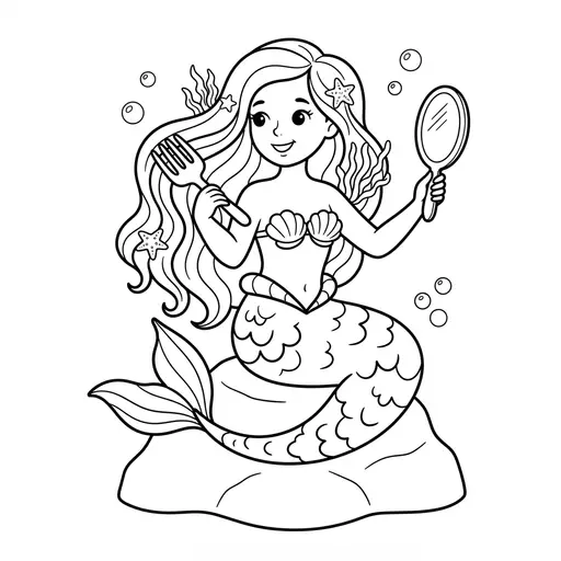 Mermaid Coloring Page — Brushing Hair With a Fork