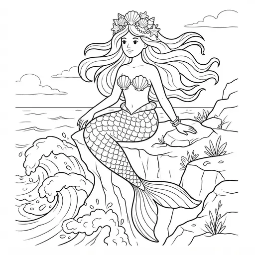 Mermaid Coloring Page for Adults — Sitting on a Sea Cliff