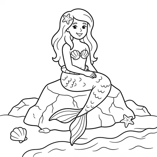 Mermaid Coloring Page — Sitting on a Rock