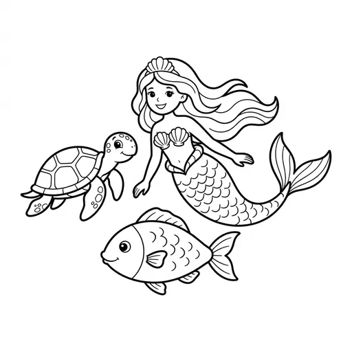Mermaid Coloring Page — Swimming With a Turtle and Fish