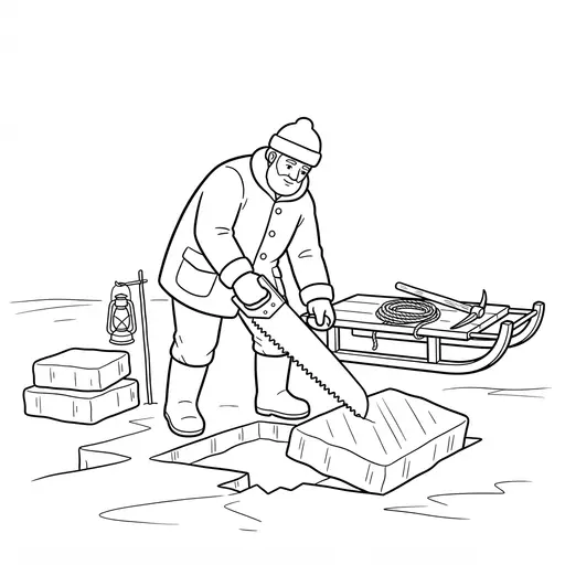 Mountain Man Coloring Page — Cutting Blocks of Ice