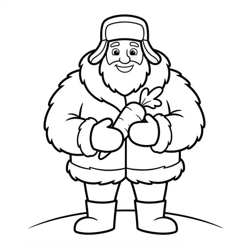 Easy Mountain Man Coloring Page — Holding a Carrot and Wearing Fur Coat